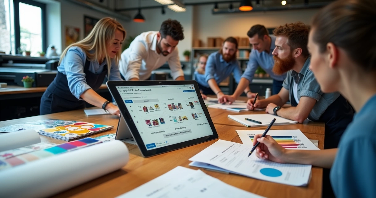 Profissionais de gráfica analisam pedidos de loja virtual em tablet sobre bancada com impressos coloridos