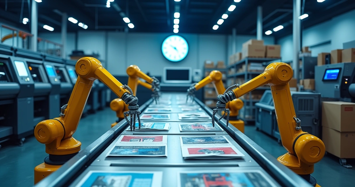 Linha de produção gráfica automática com braços robóticos movimentando pilhas de impressos coloridos