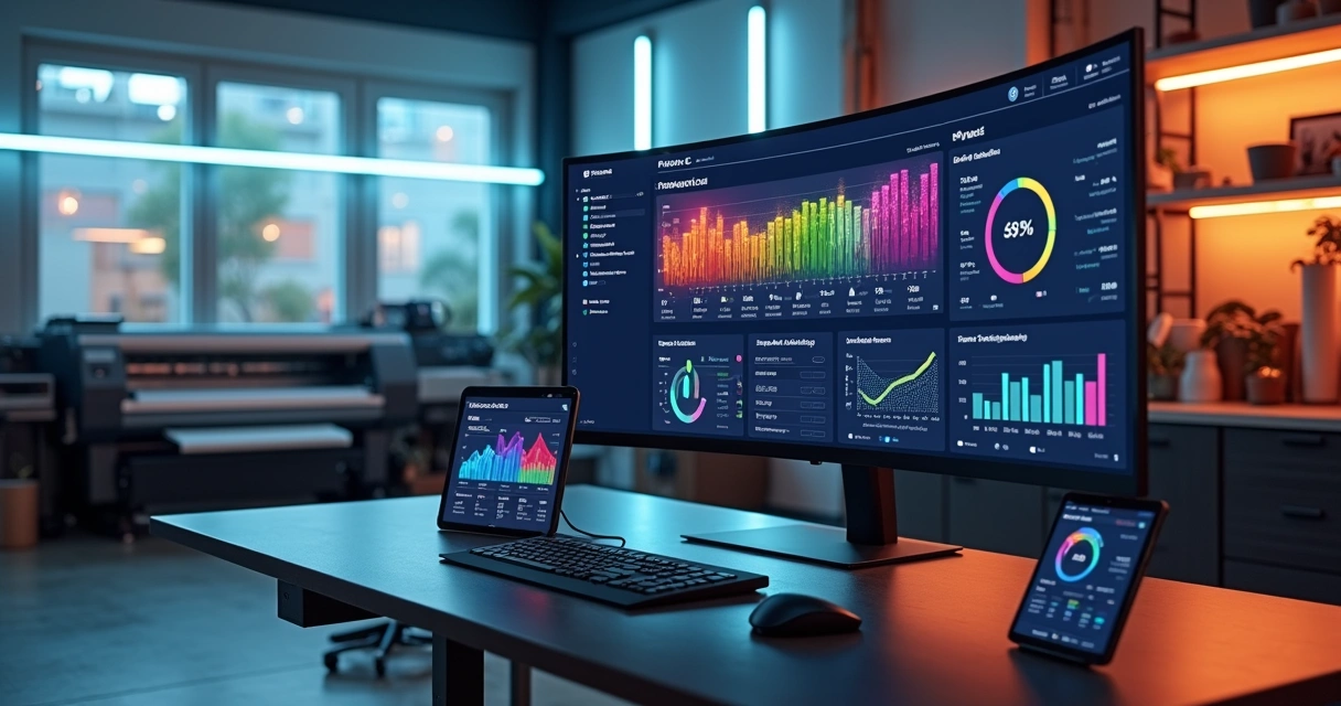 Painel digital de gestão automatizada em gráfica de comunicação visual moderna