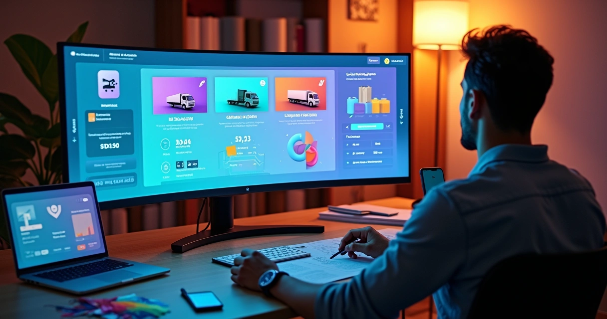 Empreendedor analisa painel de e-commerce gráfico em monitor ultrawide