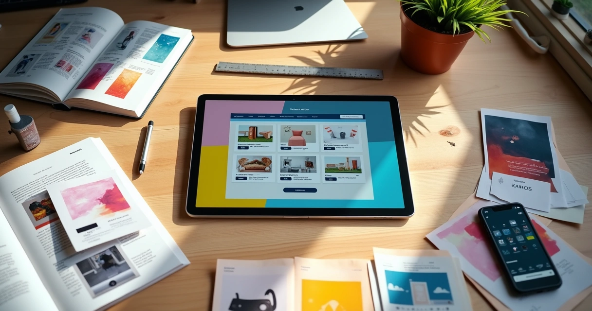 Mesa criativa com loja gráfica online aberta em tablet e materiais impressos ao redor