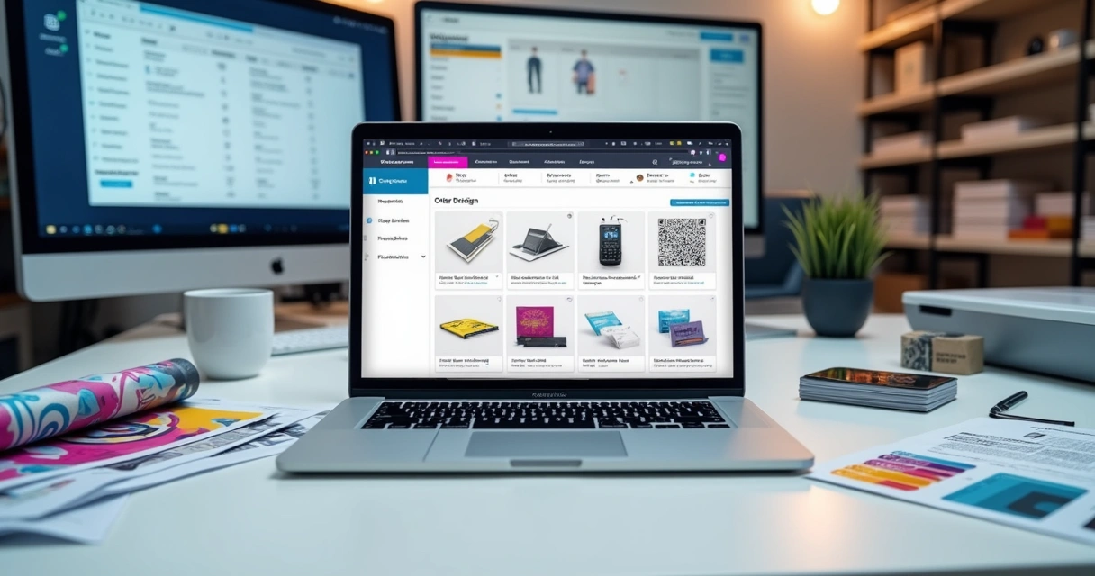 Tela de plataforma web to print em notebook cercado por materiais gráficos coloridos
