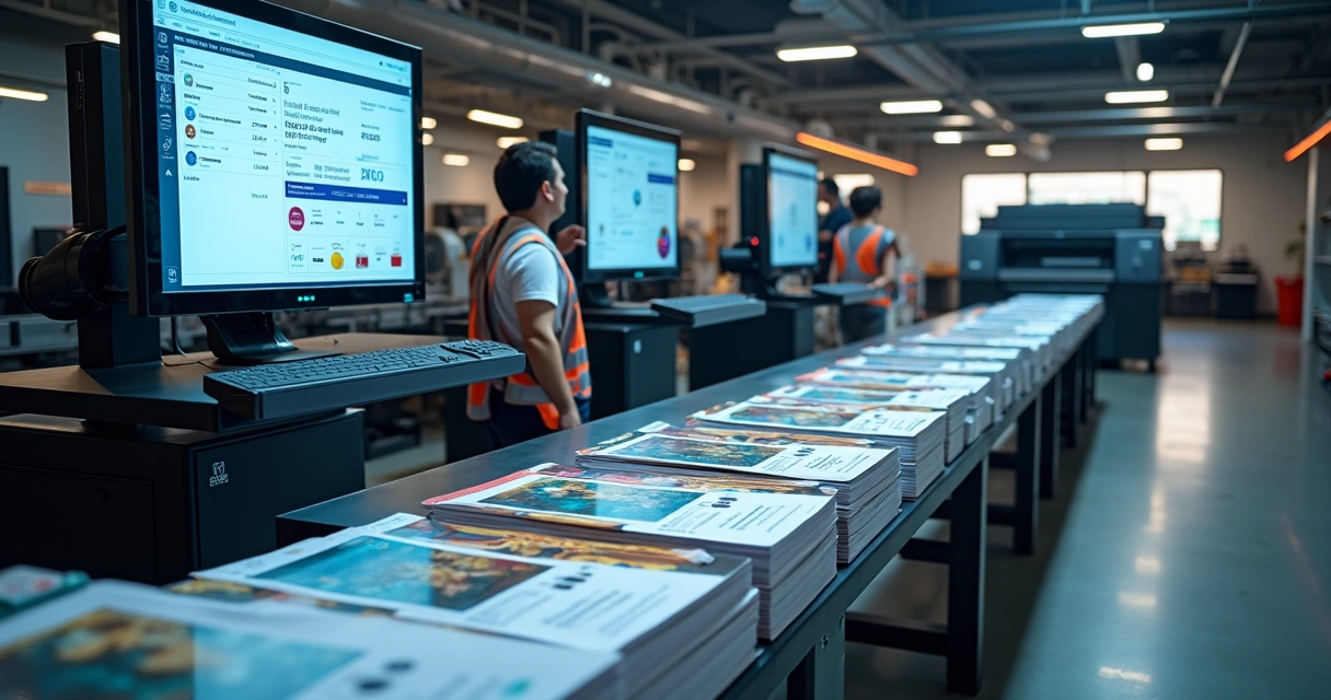 Equipe em gráfica observa esteiras automatizadas levando impressos coloridos