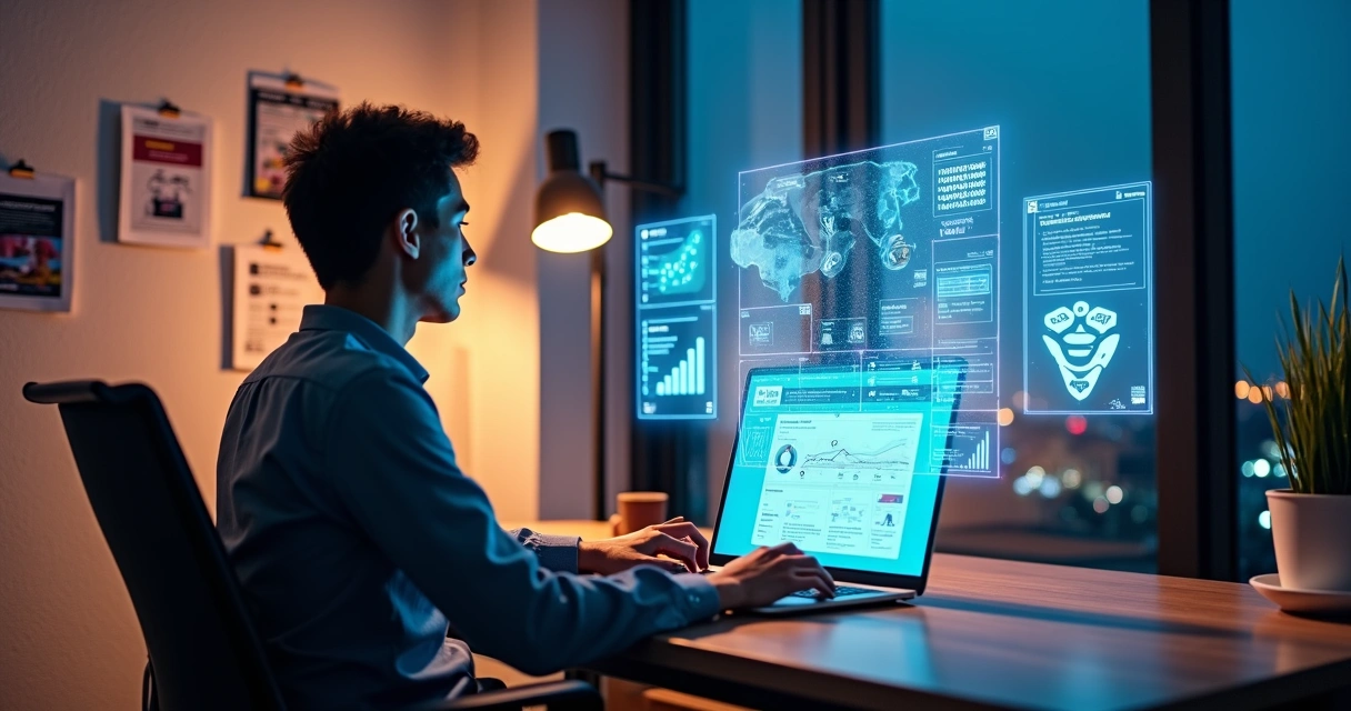 Empreendedor gerenciando loja virtual de dropshipping gráfico em espaço de trabalho moderno com paineis digitais