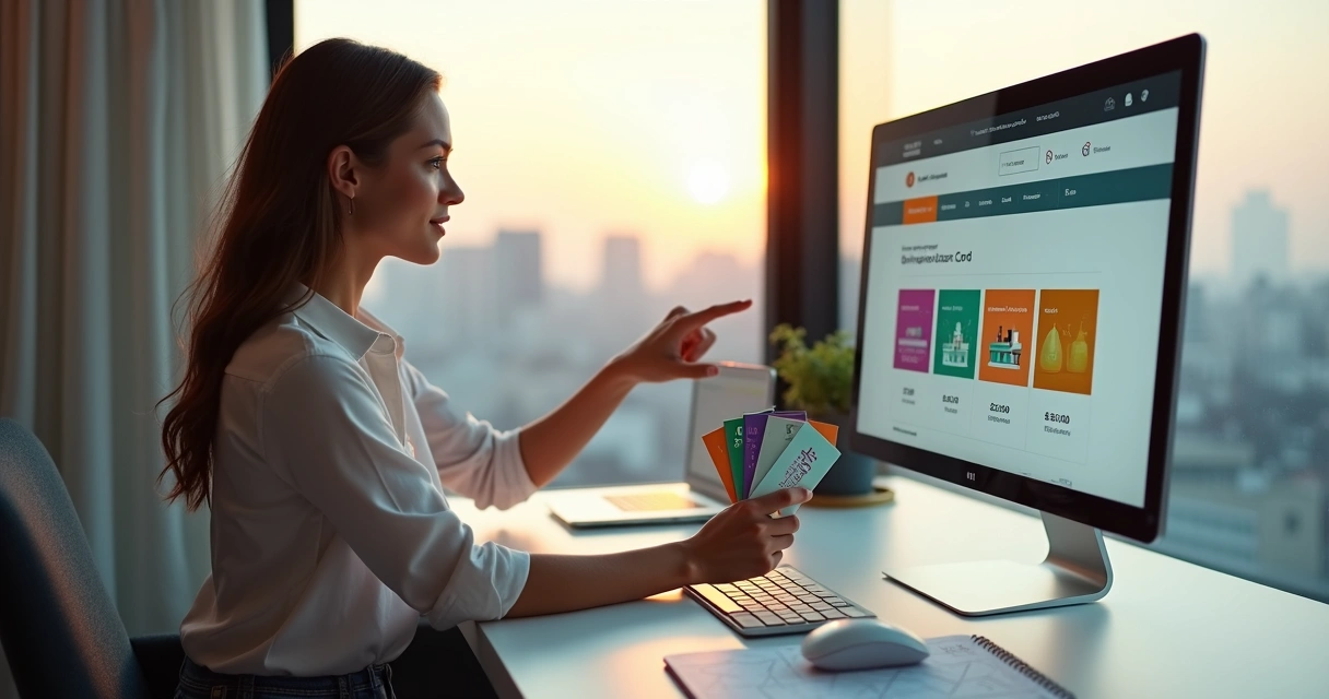 Empreendedora segurando cartões de visita ao lado de tela com loja gráfica online