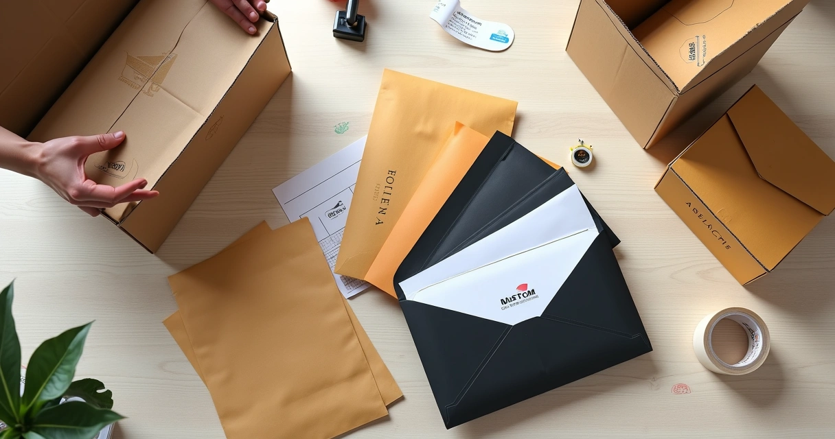 Envelopes personalizados coloridos exibidos com embalagens sustentáveis e adesivos de marca